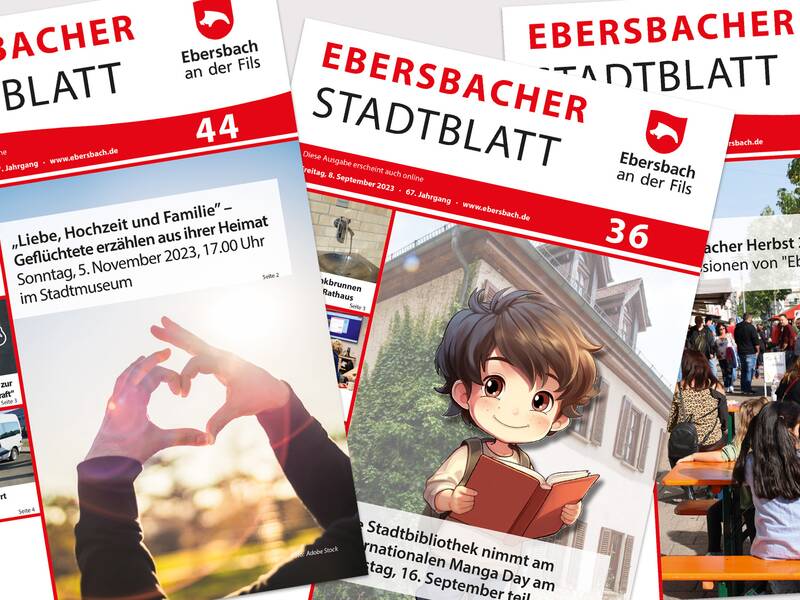 Drei Titelblätter des Ebersbacher Stadtblattes aufgefächert nebeneinander