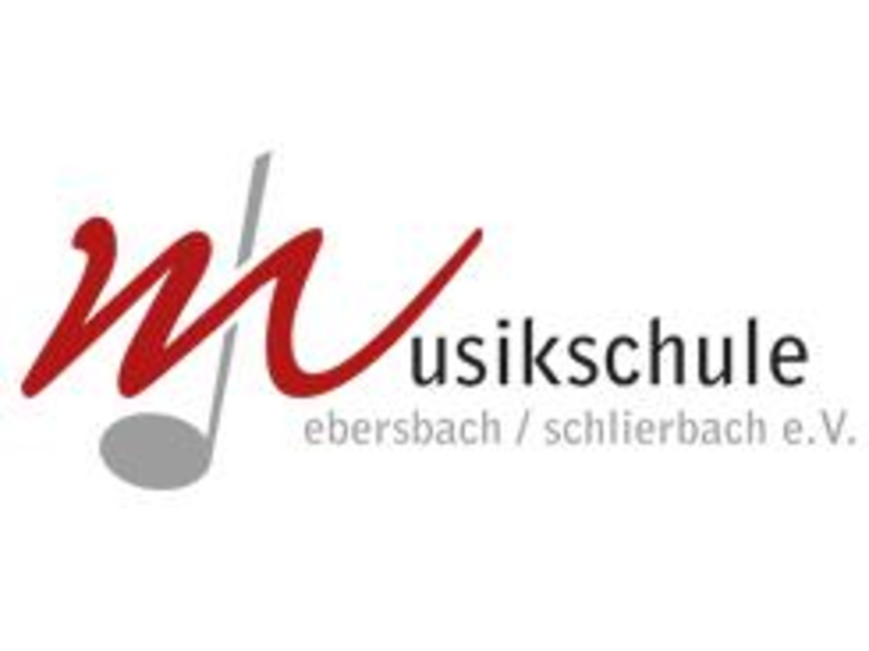 Das Logo zeigt den Schriftzug "Musikschule ebersbach/schlierbach e.V." in Kombination mit einem stilisierten Notenschlüssel in rot und grau.