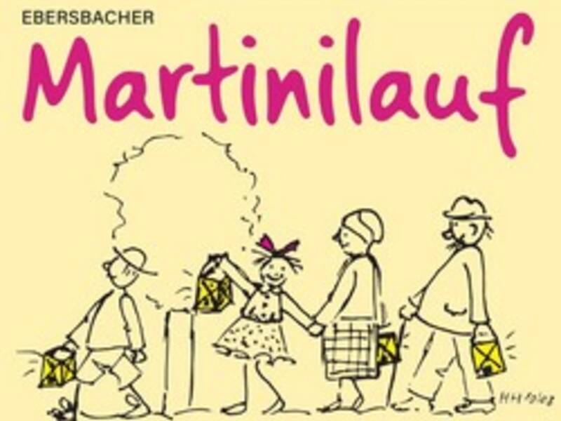 Eine gezeichnete Gruppe von Menschen, darunter Kinder und Erwachsene, hält Laternen und spaziert fröhlich nebeneinander, während oben der Schriftzug "Ebersbacher Martinilauf" steht.