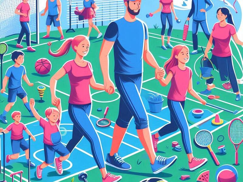 Illustration einer glücklichen Familie, die im Park Sport treibt, umgeben von Bällen, Schlägern und Sportausrüstung.