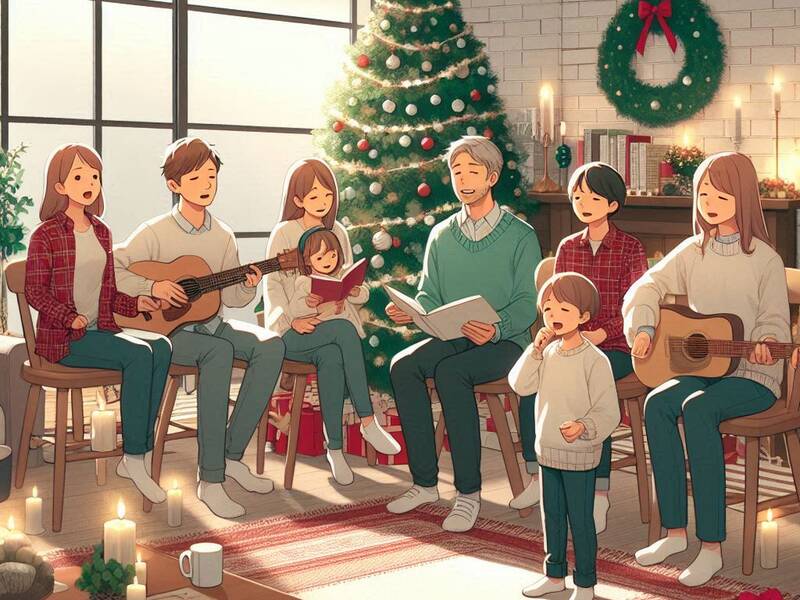 Eine Familie sitzt in einem festlich dekorierten Raum mit einem geschmückten Weihnachtsbaum und singt zusammen Weihnachtslieder, während einige Mitglieder Gitarre spielen und ein kleines Kind ein Buch hält.